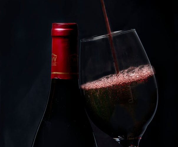Copas de vino tinto con viñedos al fondo